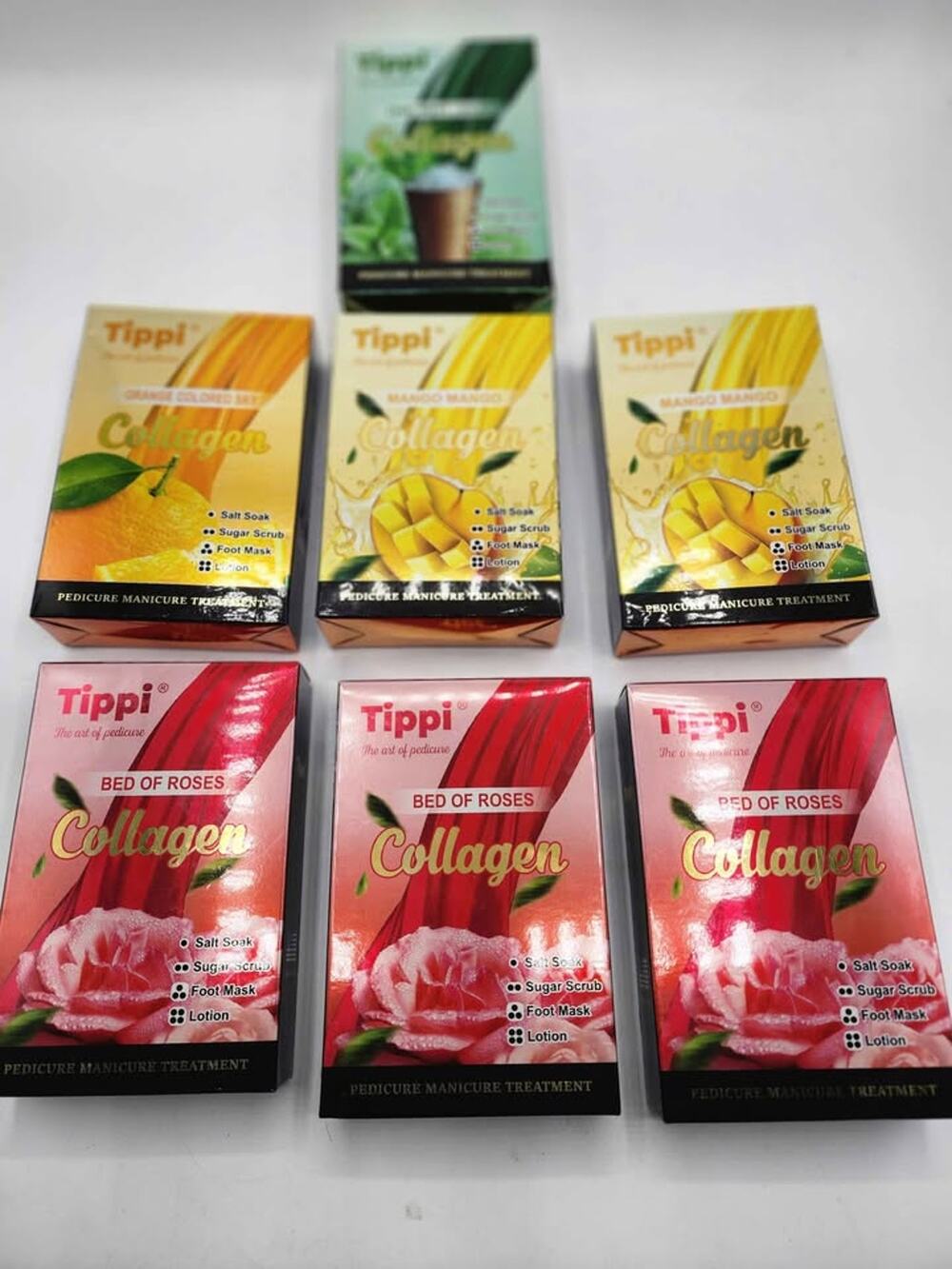 7 Tippi Collagen Pedicure Manicure Spa Kit Set - Rose, Mango, Orange, Mint